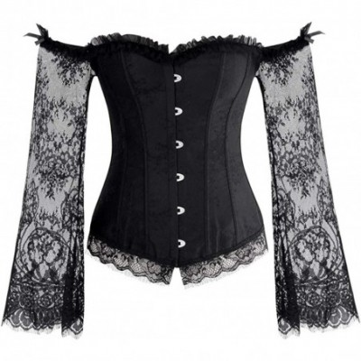 Bustiers & Corsets Women's Victorian Steampunk Overbust Corset Bustier Top with Off Shoulder Long Sleeves - Black - CI18DL5YR4D