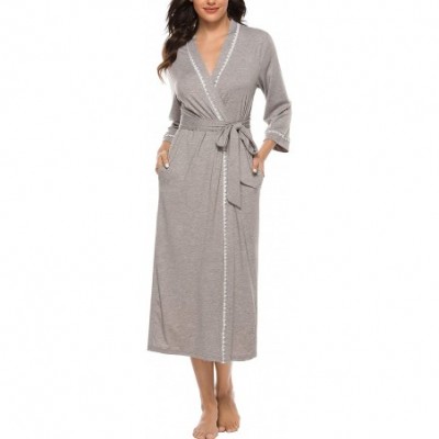 Robes Women Soft Robes Lightweight Long Kimono Robe Lace Trim Knit Bathrobe Sleepwear Loungewear - Style A-grey - C11943COL2Z