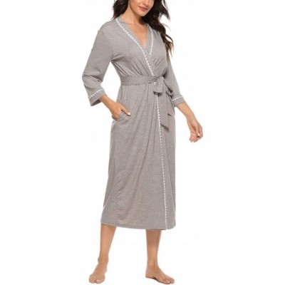 Robes Women Soft Robes Lightweight Long Kimono Robe Lace Trim Knit Bathrobe Sleepwear Loungewear - Style A-grey - C11943COL2Z