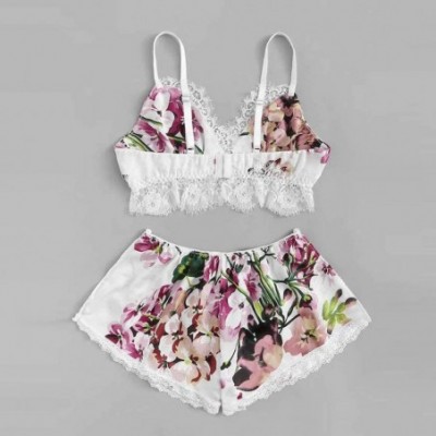 Baby Dolls & Chemises Sexy Lace Satin Trim Floral Bow Lingerie Adjustable Spaghetti Straps Sleepwear - White - CJ18UZGOZ22