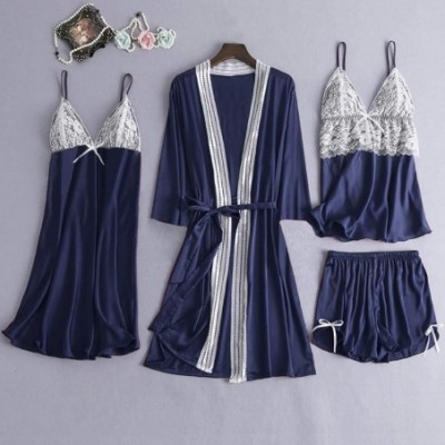 Tops 4Pcs Womens Silk Satin Bathrobe Pajamas Nightgown Kimono Lace Sleepwear Babydoll Nightdress with Shorts Sets Marine - C0...