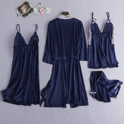 Tops 4Pcs Womens Silk Satin Bathrobe Pajamas Nightgown Kimono Lace Sleepwear Babydoll Nightdress with Shorts Sets Marine - C0...