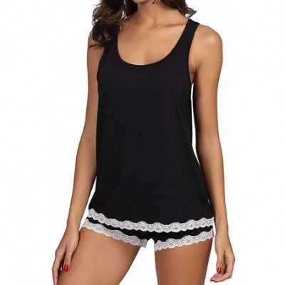 Sets Women's Short PJ Set Tank Bottom Pajama Sexy Lace Trim Nightwear Shorts Sleeveless Sleepwear - Black - CO18RC4ESTL