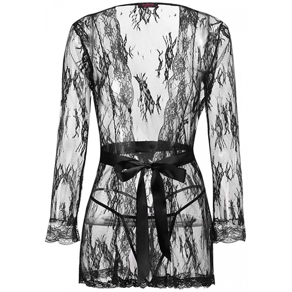 Baby Dolls & Chemises Women Sexy Lingerie Lace Smock Kimono Night Robe Mesh Chemise Nightwear - Style1-black - C618LAAAQ5T