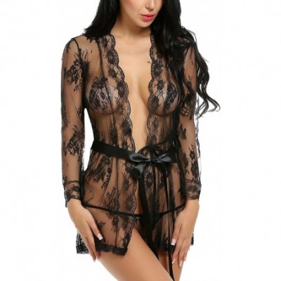 Baby Dolls & Chemises Women Sexy Lingerie Lace Smock Kimono Night Robe Mesh Chemise Nightwear - Style1-black - C618LAAAQ5T