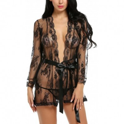 Baby Dolls & Chemises Women Sexy Lingerie Lace Smock Kimono Night Robe Mesh Chemise Nightwear - Style1-black - C618LAAAQ5T