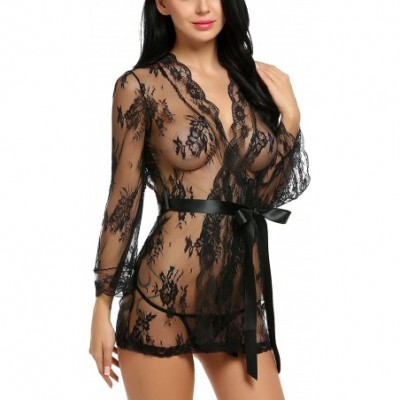 Baby Dolls & Chemises Women Sexy Lingerie Lace Smock Kimono Night Robe Mesh Chemise Nightwear - Style1-black - C618LAAAQ5T