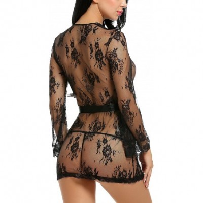 Baby Dolls & Chemises Women Sexy Lingerie Lace Smock Kimono Night Robe Mesh Chemise Nightwear - Style1-black - C618LAAAQ5T