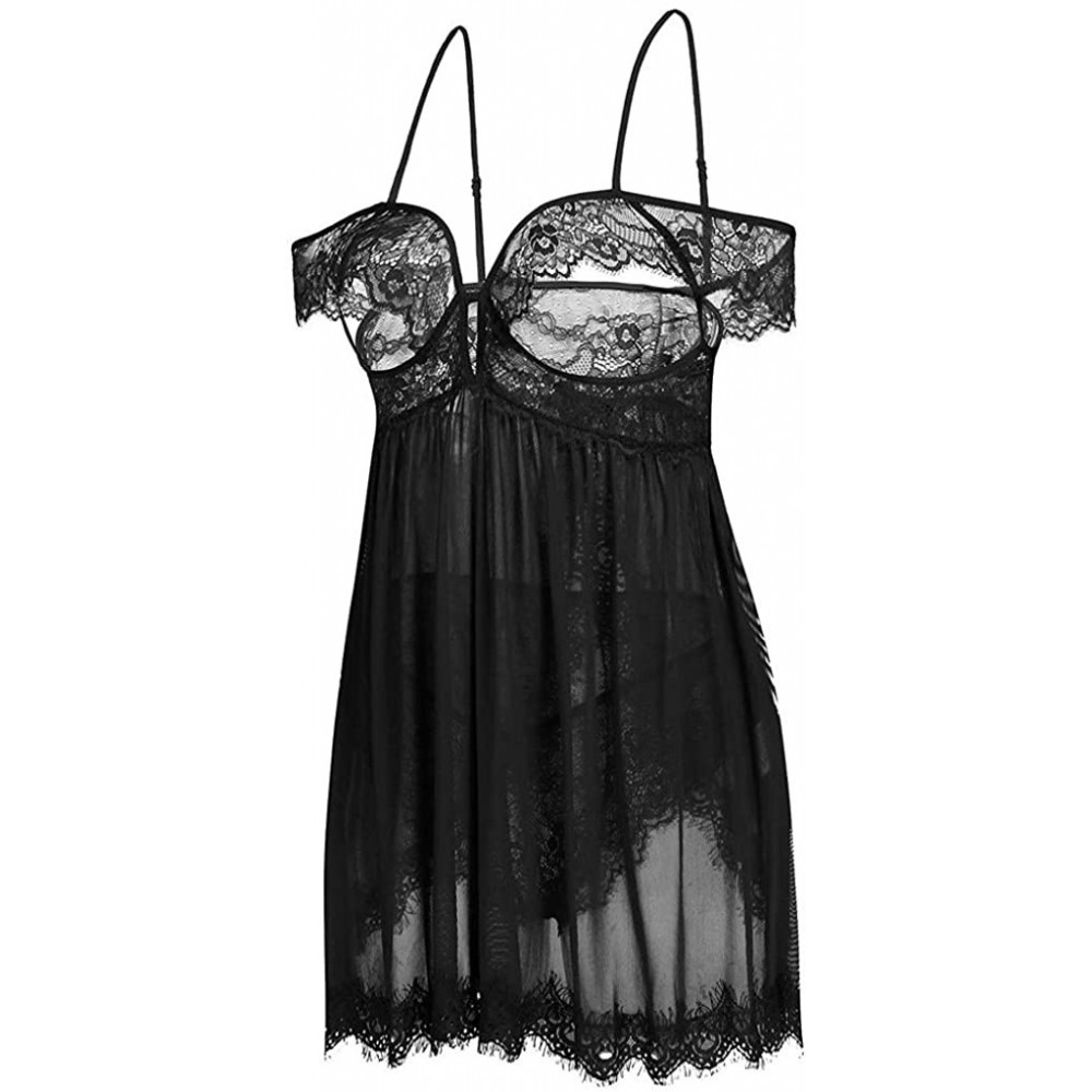 Slips Pajamas Set- New Women Lace Off-Shoulder Strapless Lingerie Underwear Back Split Nightdress - Black - CN18XXHGTWS