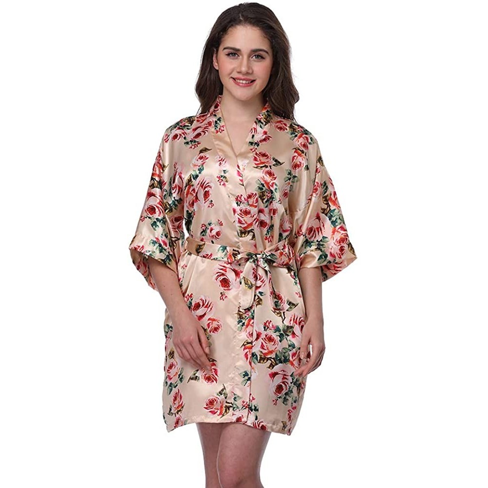 Robes Women's Robe Short Robes Lightweight Imitation Silk Sleepwear V-Neck Floral Bathrobe for Women - Champagne - C218O78NA6W