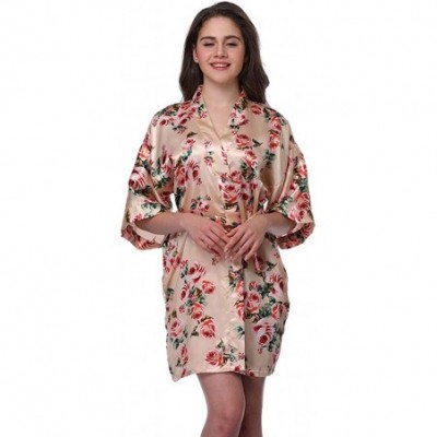 Robes Women's Robe Short Robes Lightweight Imitation Silk Sleepwear V-Neck Floral Bathrobe for Women - Champagne - C218O78NA6W