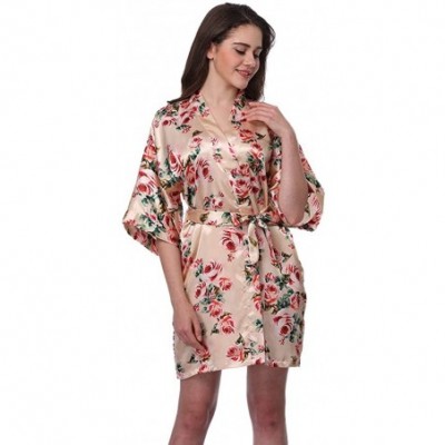 Robes Women's Robe Short Robes Lightweight Imitation Silk Sleepwear V-Neck Floral Bathrobe for Women - Champagne - C218O78NA6W