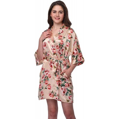 Robes Women's Robe Short Robes Lightweight Imitation Silk Sleepwear V-Neck Floral Bathrobe for Women - Champagne - C218O78NA6W