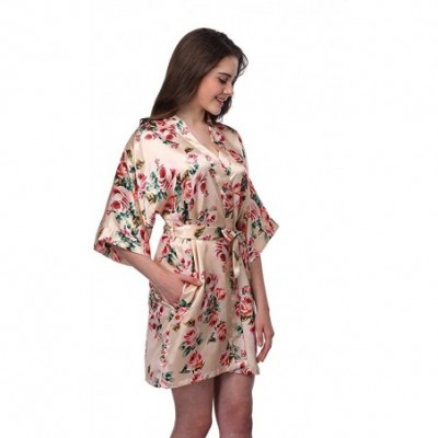 Robes Women's Robe Short Robes Lightweight Imitation Silk Sleepwear V-Neck Floral Bathrobe for Women - Champagne - C218O78NA6W