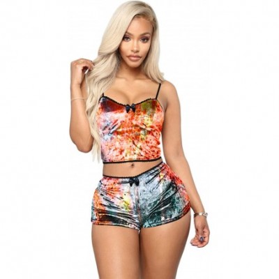 Sets Women Sexy Pajama Set 2Pcs Tie Dye Sleepwear Strap Sling V Neck Vest Crop Top Lace Shorts Nightwear Lounge Orange - CC19...