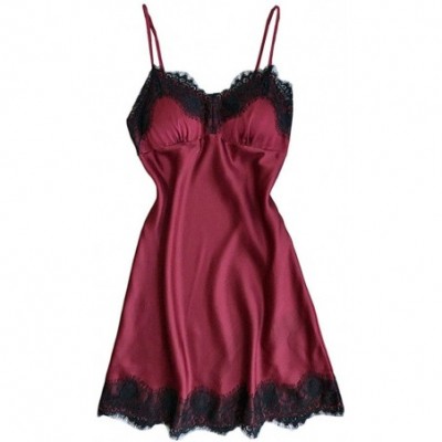 Shapewear Women Lingerie Sexy Lace Silk Nightwear Robe Babydoll Sleepwear Dress Straps Chemise Wine - CL1932C4040