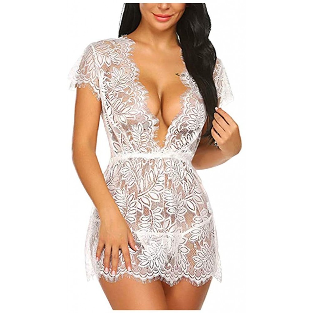 Baby Dolls & Chemises Women Sexy Lingerie Sleepwear Lace Pajamas Nightwear Underwear - White - CF196N0LDU0