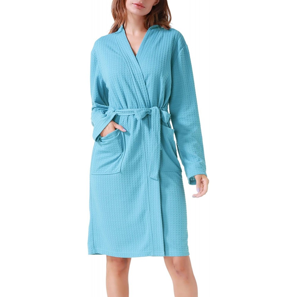 Robes Women Men Hotel Spa Waffle Weave Kimono V Neck Sleepwear Bathrobe - Pure Light Blue - CA18AWK9OTI