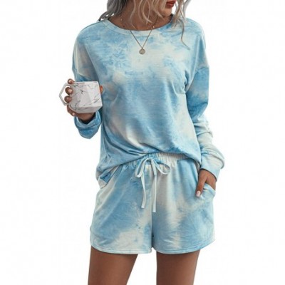 Sets Women Tie Dye Printed Pajamas Set Long Sleeve Tops + Shorts/Long Pants PJ Set Loungewear Nightwear Sleepwear - A-blue+wh...