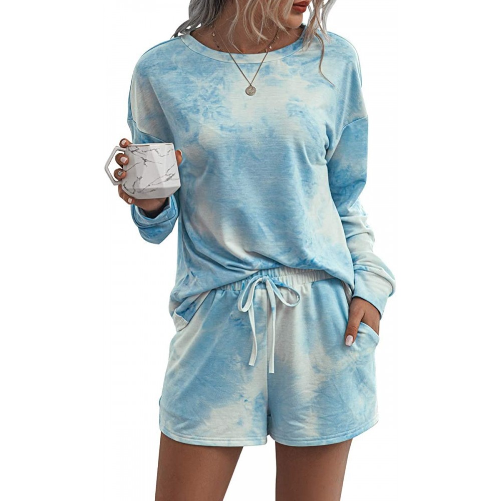 Sets Women Tie Dye Printed Pajamas Set Long Sleeve Tops + Shorts/Long Pants PJ Set Loungewear Nightwear Sleepwear - A-blue+wh...