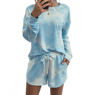 Sets Women Tie Dye Printed Pajamas Set Long Sleeve Tops + Shorts/Long Pants PJ Set Loungewear Nightwear Sleepwear - A-blue+wh...