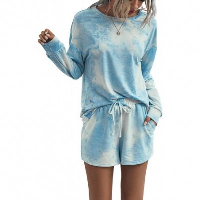 Sets Women Tie Dye Printed Pajamas Set Long Sleeve Tops + Shorts/Long Pants PJ Set Loungewear Nightwear Sleepwear - A-blue+wh...