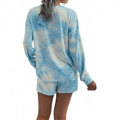 Sets Women Tie Dye Printed Pajamas Set Long Sleeve Tops + Shorts/Long Pants PJ Set Loungewear Nightwear Sleepwear - A-blue+wh...