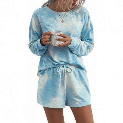 Sets Women Tie Dye Printed Pajamas Set Long Sleeve Tops + Shorts/Long Pants PJ Set Loungewear Nightwear Sleepwear - A-blue+wh...