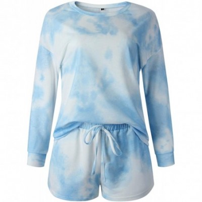 Sets Women Tie Dye Printed Pajamas Set Long Sleeve Tops + Shorts/Long Pants PJ Set Loungewear Nightwear Sleepwear - A-blue+wh...