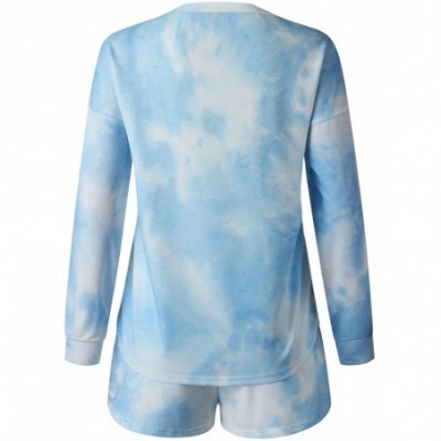 Sets Women Tie Dye Printed Pajamas Set Long Sleeve Tops + Shorts/Long Pants PJ Set Loungewear Nightwear Sleepwear - A-blue+wh...