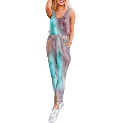 Sets Womens Short Sleeve Tie Dye Long Pajamas Set One Piece Jumpsuit Loose Sleepwear Night Shirts with Pockets Purple - CI199...