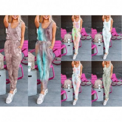 Sets Womens Short Sleeve Tie Dye Long Pajamas Set One Piece Jumpsuit Loose Sleepwear Night Shirts with Pockets Purple - CI199...