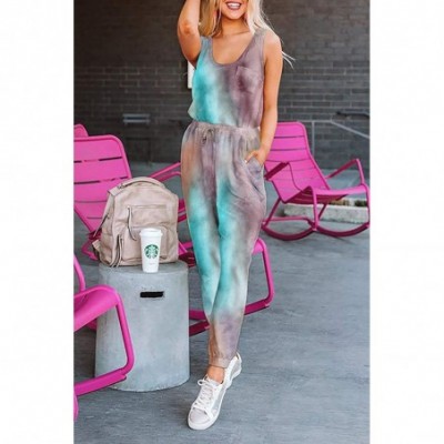 Sets Womens Short Sleeve Tie Dye Long Pajamas Set One Piece Jumpsuit Loose Sleepwear Night Shirts with Pockets Purple - CI199...