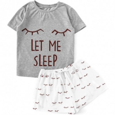 Sets Women's Sleepwear Closed Eyes Print Tee and Shorts Pajama Set - Grey - C118H46HEDK