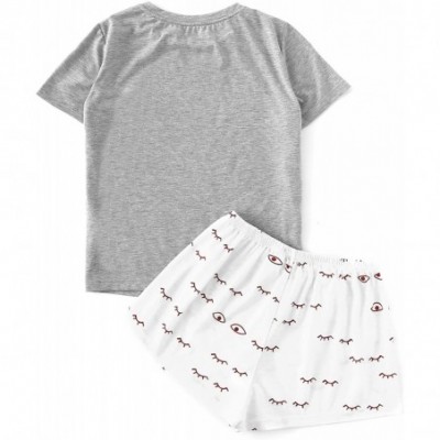 Sets Women's Sleepwear Closed Eyes Print Tee and Shorts Pajama Set - Grey - C118H46HEDK