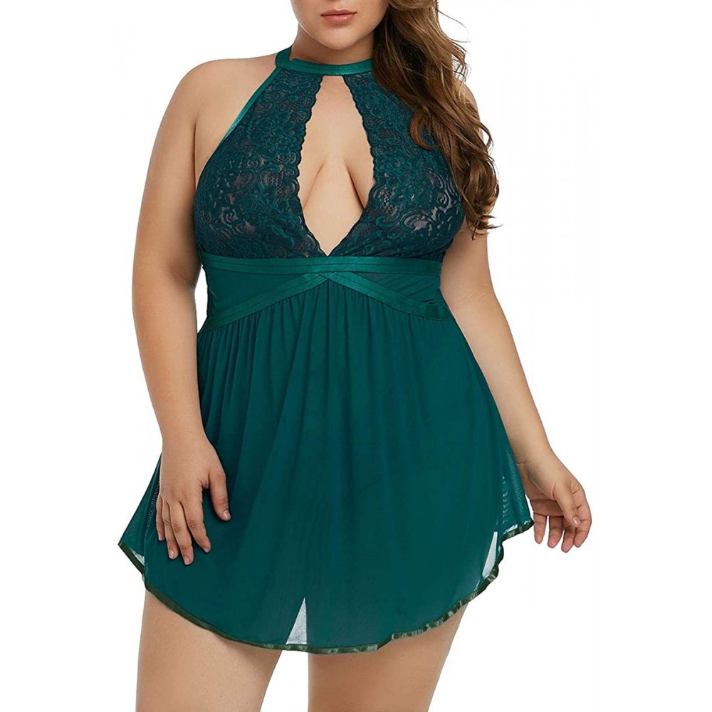 Baby Dolls & Chemises Womens Plus Size Sheer Lace Babydoll Sexy Chemise and Panty Sets(XL-5XL) - Green - CS18WU8D40G