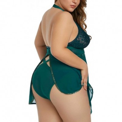 Baby Dolls & Chemises Womens Plus Size Sheer Lace Babydoll Sexy Chemise and Panty Sets(XL-5XL) - Green - CS18WU8D40G