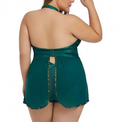 Baby Dolls & Chemises Womens Plus Size Sheer Lace Babydoll Sexy Chemise and Panty Sets(XL-5XL) - Green - CS18WU8D40G