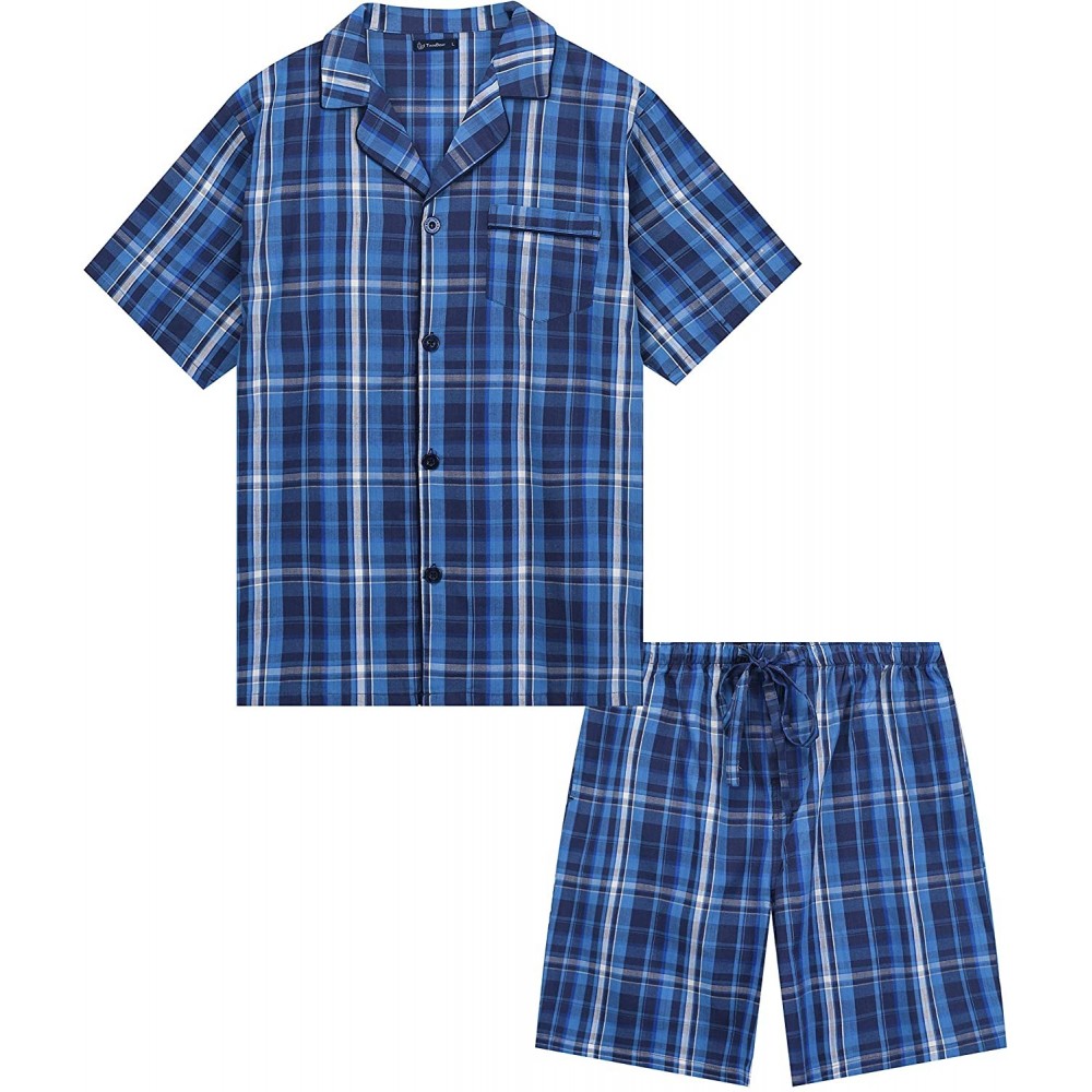 Sleep Sets Twin Boat Men's 100% Woven Cotton Short Pajama Sleepwear Set - Plaid Dark Blue - CG18WOCTRW3