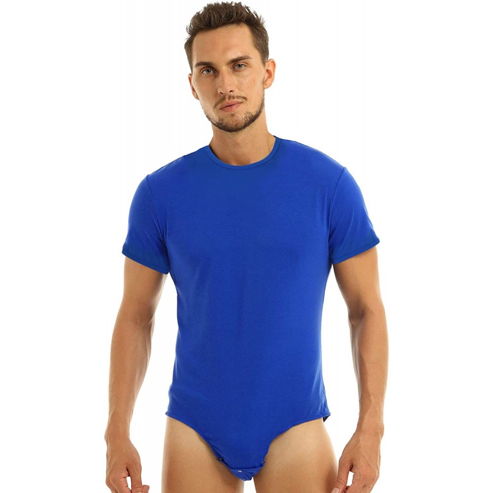 Undershirts Men's Short Sleeve Undershirt Botton Crotch One Piece Bodysuit Shirt Leotard Romper - Round Neck Blue - CK19CZK5MEE