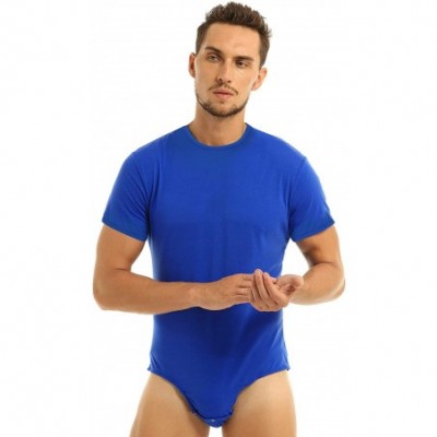 Undershirts Men's Short Sleeve Undershirt Botton Crotch One Piece Bodysuit Shirt Leotard Romper - Round Neck Blue - CK19CZK5MEE