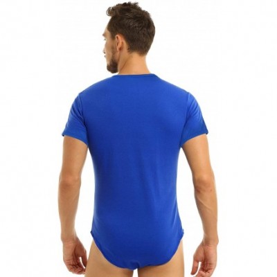 Undershirts Men's Short Sleeve Undershirt Botton Crotch One Piece Bodysuit Shirt Leotard Romper - Round Neck Blue - CK19CZK5MEE