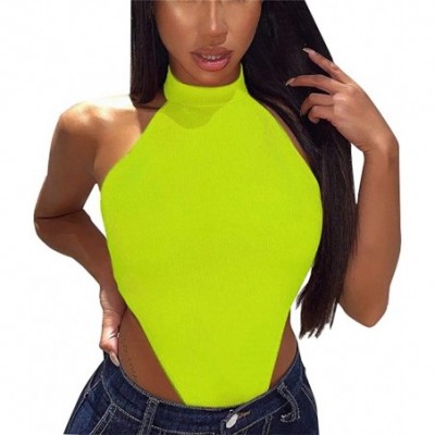 Shapewear Women's Sleeveless Mock Neck Bodysuit High Cut Bodycon Bodysuit Leotard - Neon Green - CP18WSXA3XW