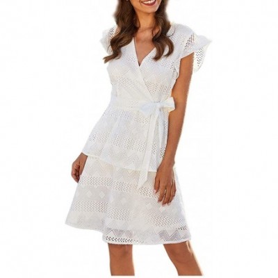 Bras Womens V-Neck Dress Short Sleeve Solid Print Hollow Out Bandage Summer Ruffle Cake Dress - White - CU196ZC84A0