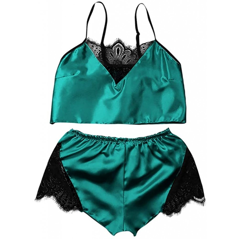 Sets Pajamas Womens Sexy Lingerie Satin Sleepwear Cami Shorts Set Nightwear - Green - C4196UOUTO2