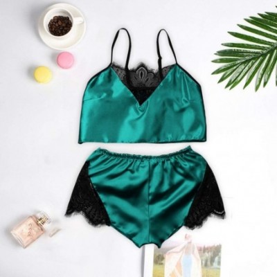 Sets Pajamas Womens Sexy Lingerie Satin Sleepwear Cami Shorts Set Nightwear - Green - C4196UOUTO2