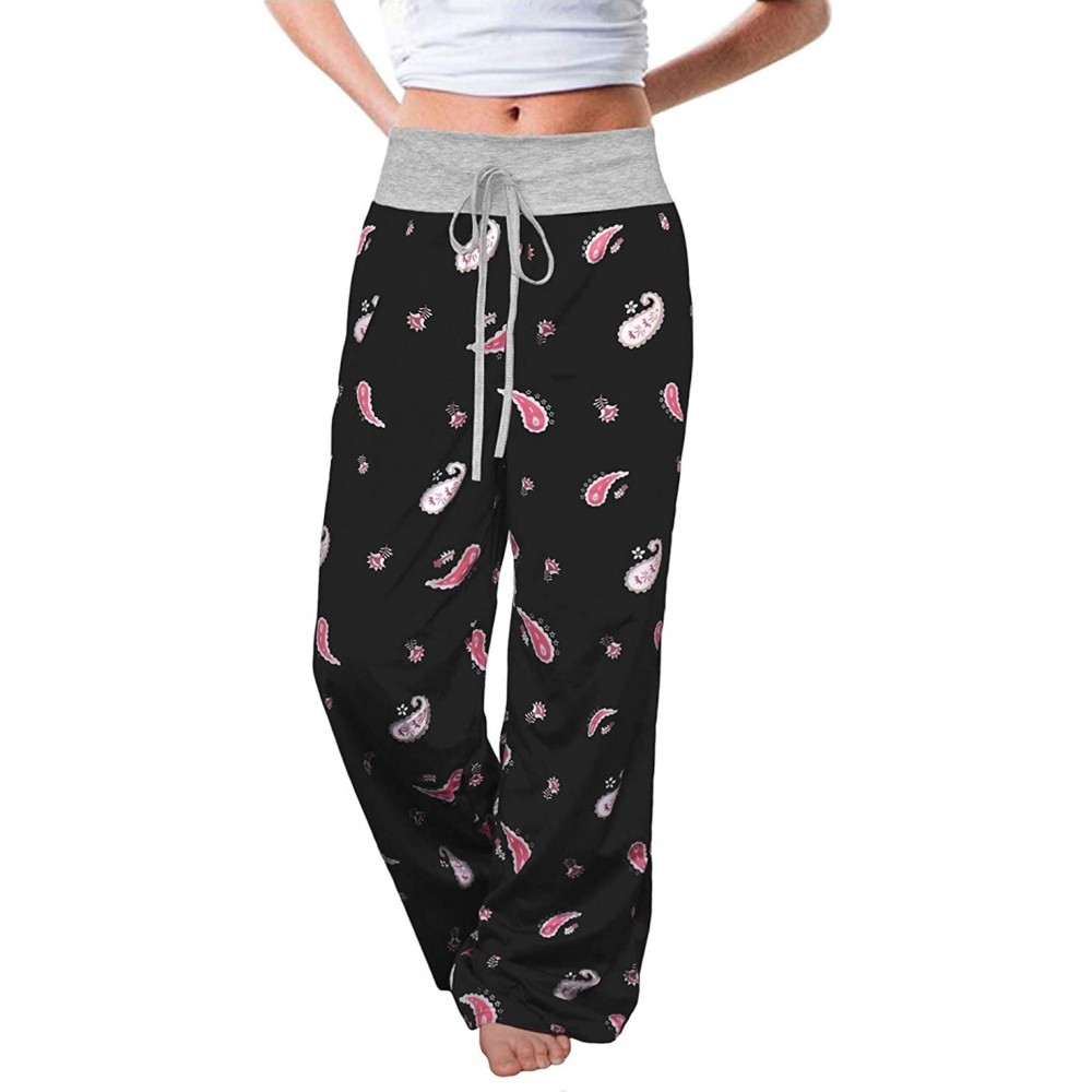 Bottoms Women's Comfy Casual Pajama Pants Floral Print Stretchy Drawstring Wide Leg Lounge Pants - Cashew - C91998WWMEE