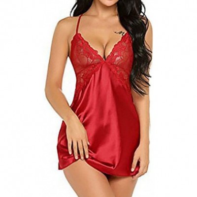 Nightgowns & Sleepshirts Summer Womens Sexy Nightdress- Deep V Neck Lace Halter Nightwear - Red - CP19CMKYGUE