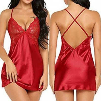 Nightgowns & Sleepshirts Summer Womens Sexy Nightdress- Deep V Neck Lace Halter Nightwear - Red - CP19CMKYGUE