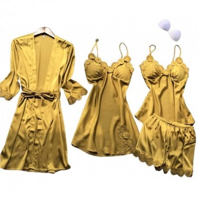 Sets Womens 4pcs Silk Satin Pajama Set Sexy Cami Top Nightgown Lace Sleepwear Robe Sets Nightdress with Chest Pads Yellow - C...